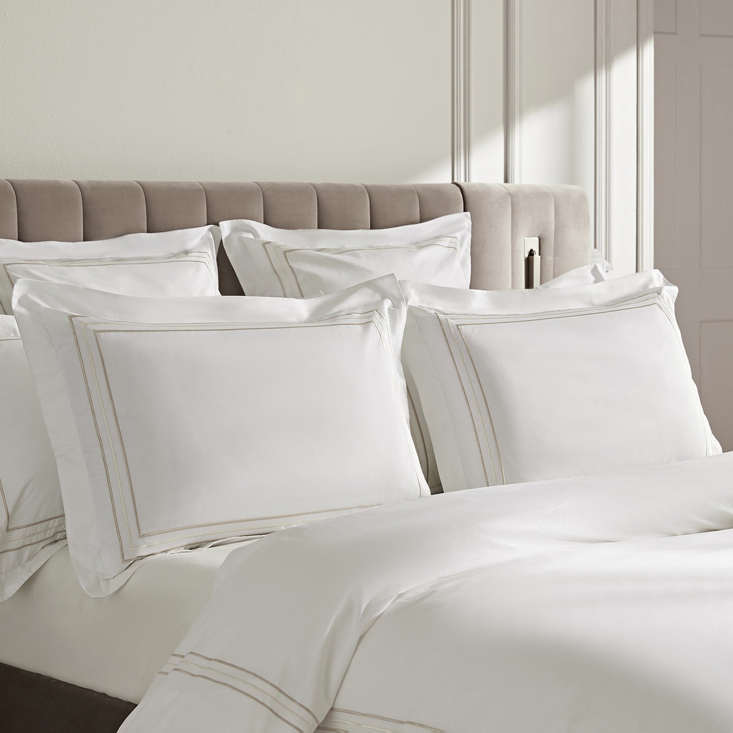 Belvedere Champagne Gold Cord Embroidered 300 Thread Count Cotton Percale Oxford Pillowcases - Pair