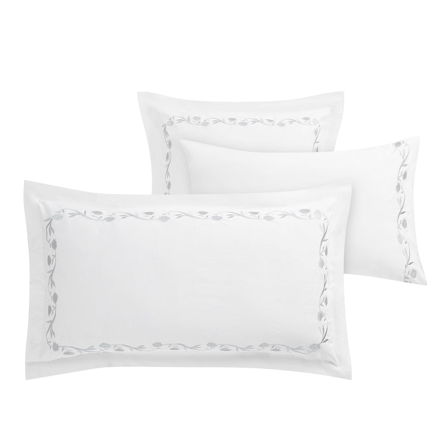 Adeline Moonshine Grey Floral Embroidered 600 Thread Count Cotton Sateen Continental Square Pillowcases - Pair