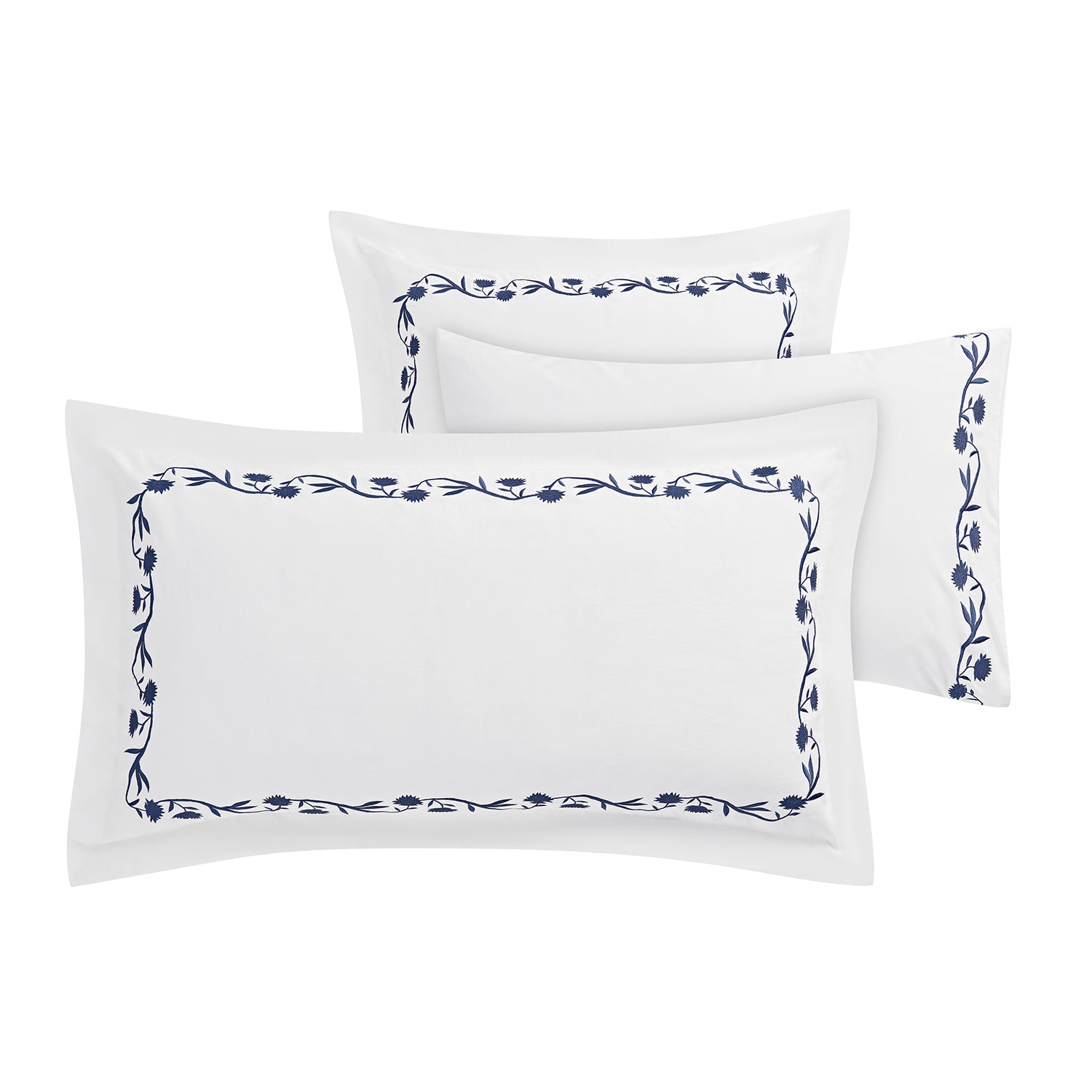 Adeline Midnight Blue Floral Embroidered 600 Thread Count Cotton Sateen Continental Square Pillowcases - Pair