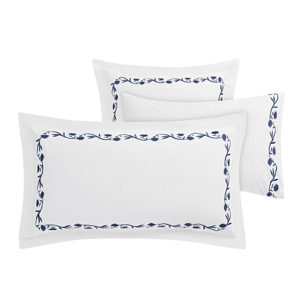 Adeline Midnight Blue Floral Embroidered 600 Thread Count Cotton Sateen Continental Square Pillowcases - Pair