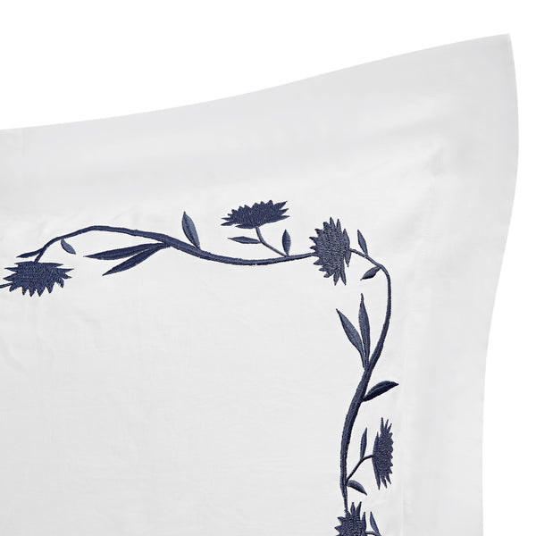 Adeline Midnight Blue Floral Embroidered 600 Thread Count Cotton Sateen Continental Square Pillowcases - Pair