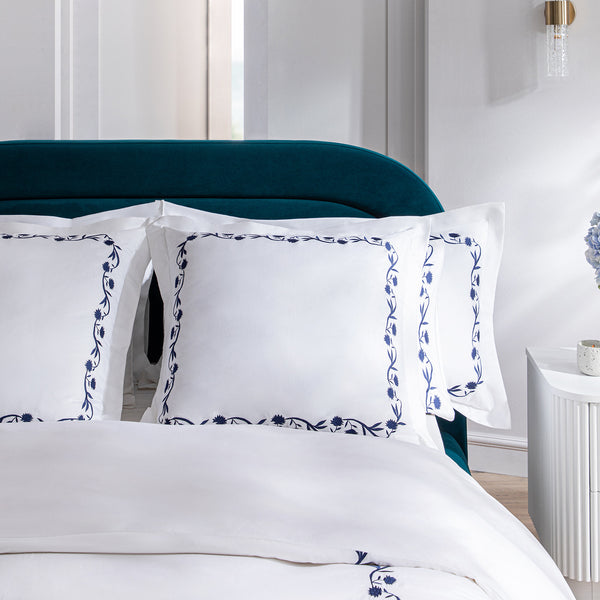 Adeline Midnight Blue Floral Embroidered 600 Thread Count Cotton Sateen Continental Square Pillowcases - Pair