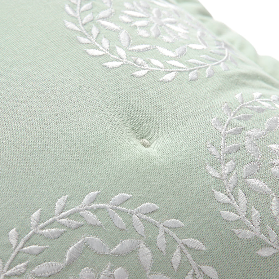 Elodie Seafoam Green Floral Embroidered Quilted Linen Blend Continental Square Pillowcases - Pair