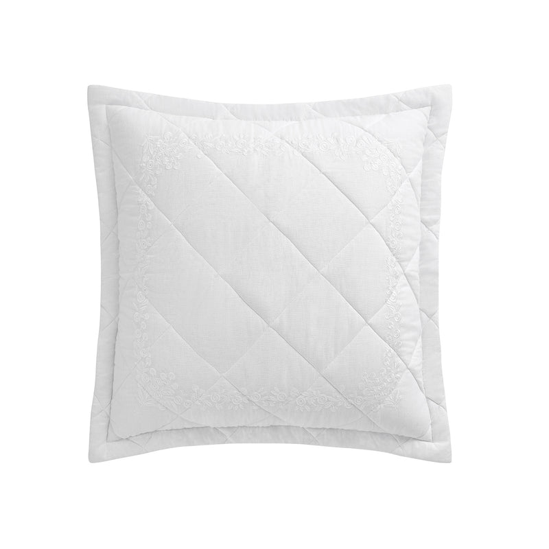Esmeralda White Floral Embroidered Quilted Linen Blend Continental Square Pillowcases - Pair