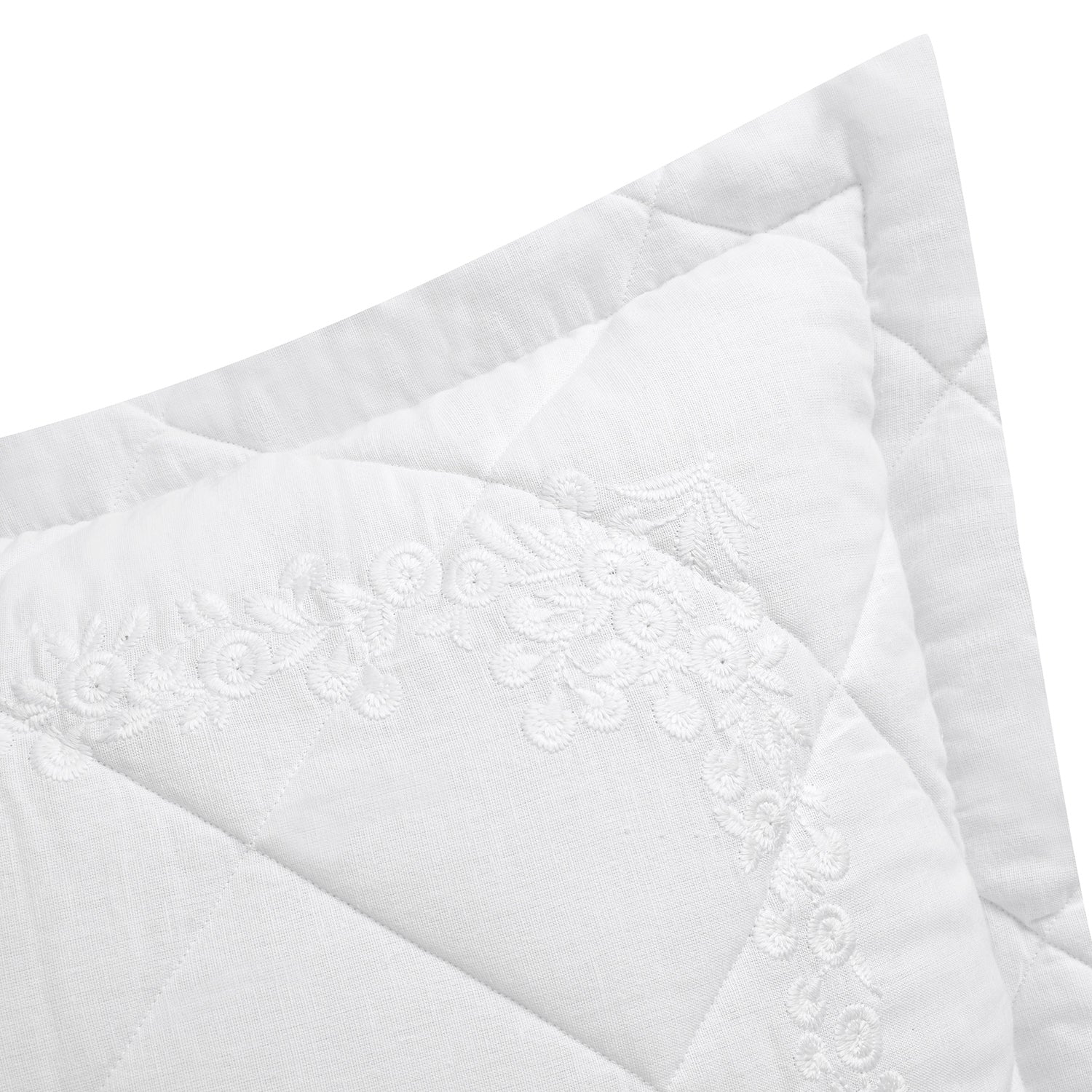 Esmeralda White Floral Embroidered Quilted Linen Blend Continental Square Pillowcases - Pair