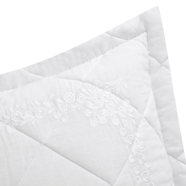 Esmeralda White Floral Embroidered Quilted Linen Blend Continental Square Pillowcases - Pair
