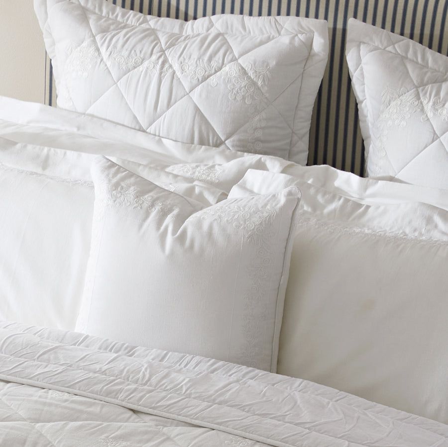 Esmeralda White Floral Embroidered Quilted Linen Blend Continental Square Pillowcases - Pair