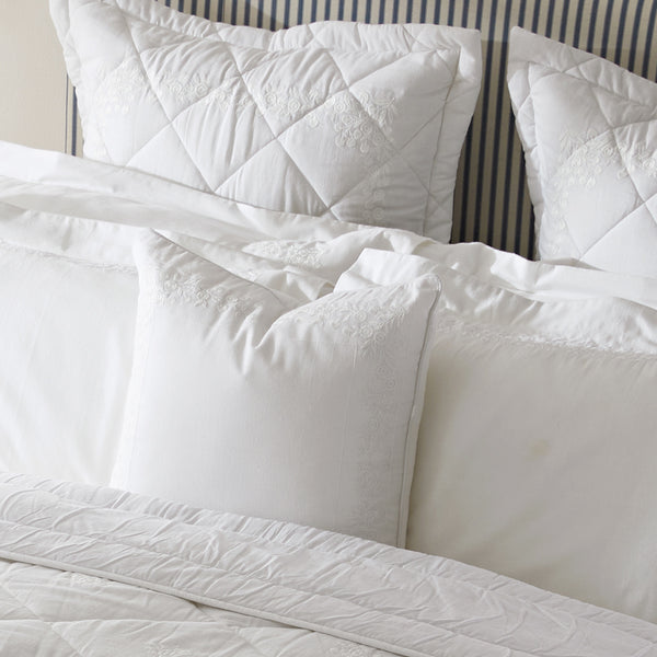 Esmeralda White Floral Embroidered Quilted Linen Blend Continental Square Pillowcases - Pair