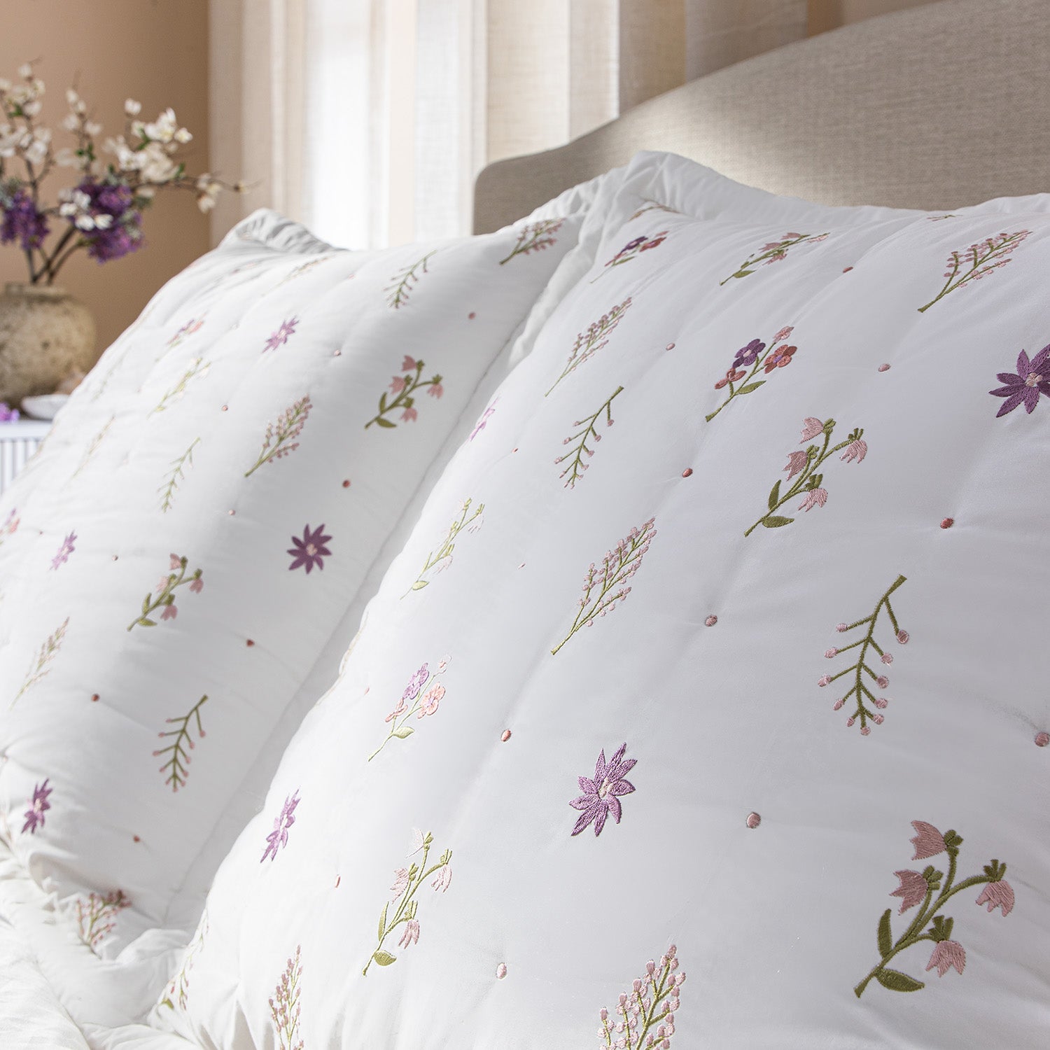 Evelyn Wildflower Embroidered 300 Thread Count Cotton Percale Continental Square Pillowcases - Pair
