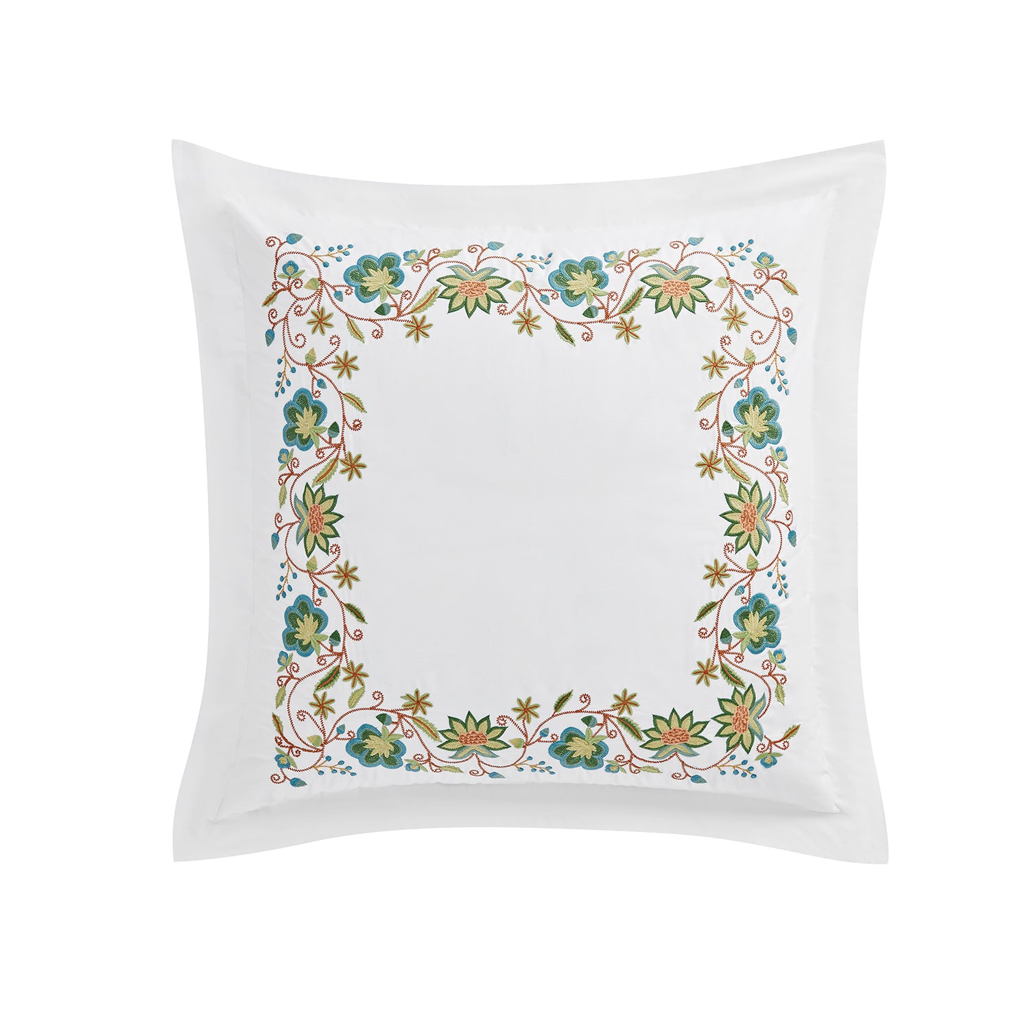 Flora & Fauna White Jacobean Floral Embroidered 300 Thread Count Cotton Percale Continental Square Pillowcases - Pair