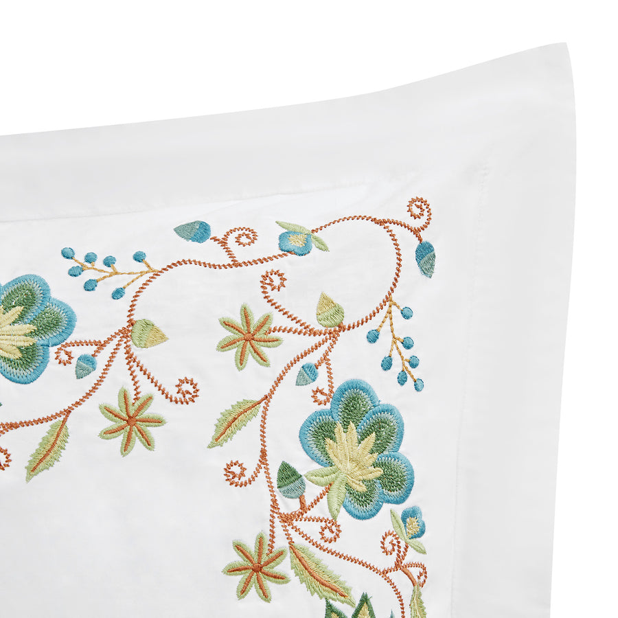 Flora & Fauna White Jacobean Floral Embroidered 300 Thread Count Cotton Percale Continental Square Pillowcases - Pair - daals