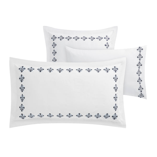 Kingsbury Navy & Powder Blue Heritage Embroidered 600 Thread Count Cotton Sateen Continental Square Pillowcases - Pair - daals