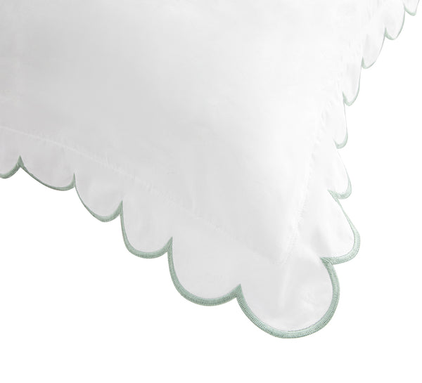 Margot Pistachio Green Embroidered Scallop 300 Thread Count Cotton Percale Continental Square Pillowcases - Pair