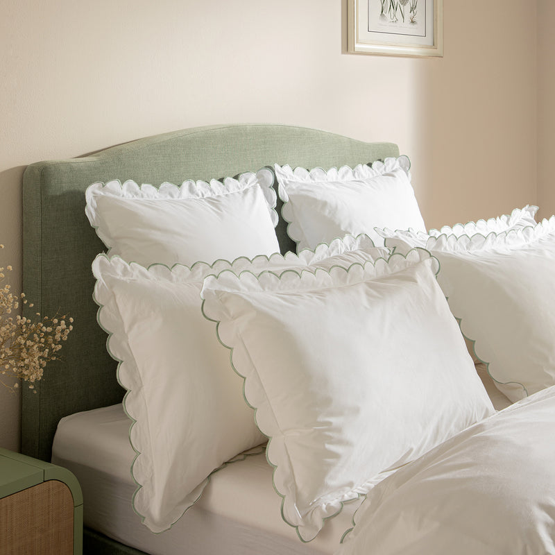 Margot Pistachio Green Embroidered Scallop 300 Thread Count Cotton Percale Continental Square Pillowcases - Pair