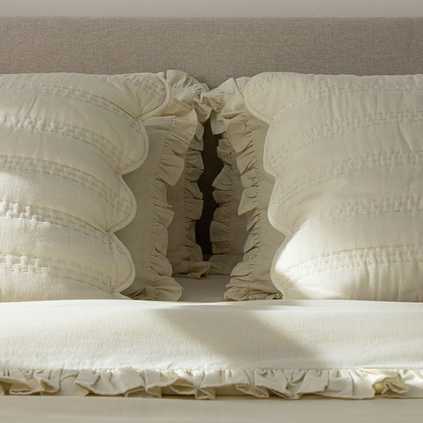 Matilda Cream Scallop Quilted Linen Blend Continental Square Pillowcases - Pair