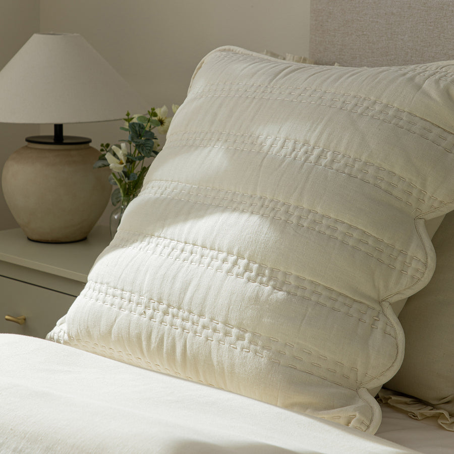Matilda Cream Scallop Quilted Linen Blend Continental Square Pillowcases - Pair