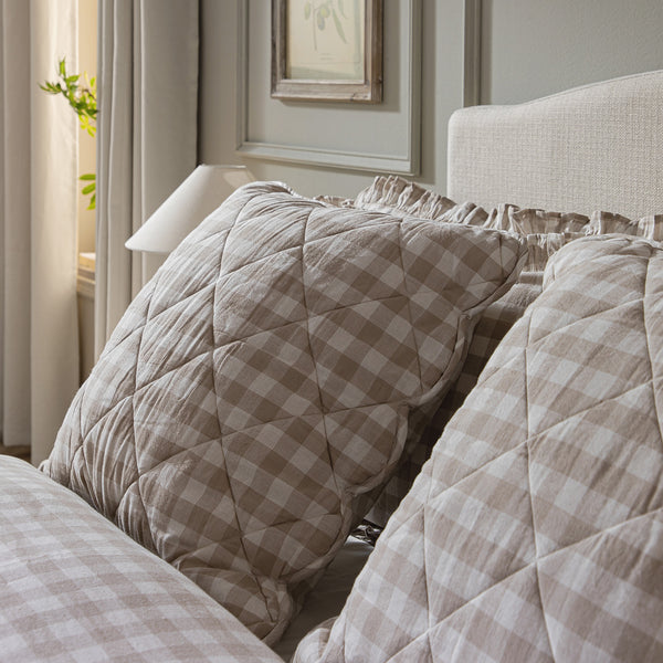 Matilda Beige Gingham Scallop Quilted Linen Blend Continental Square Pillowcases - Pair