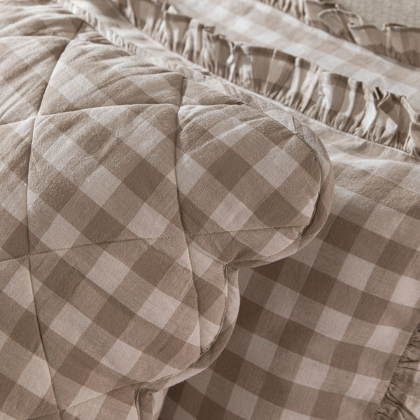 Matilda Beige Gingham Scallop Quilted Linen Blend Continental Square Pillowcases - Pair
