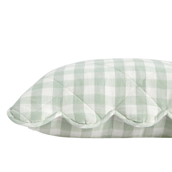 Matilda Sage Green Gingham Scallop Quilted Linen Blend Continental Square Pillowcases - Pair