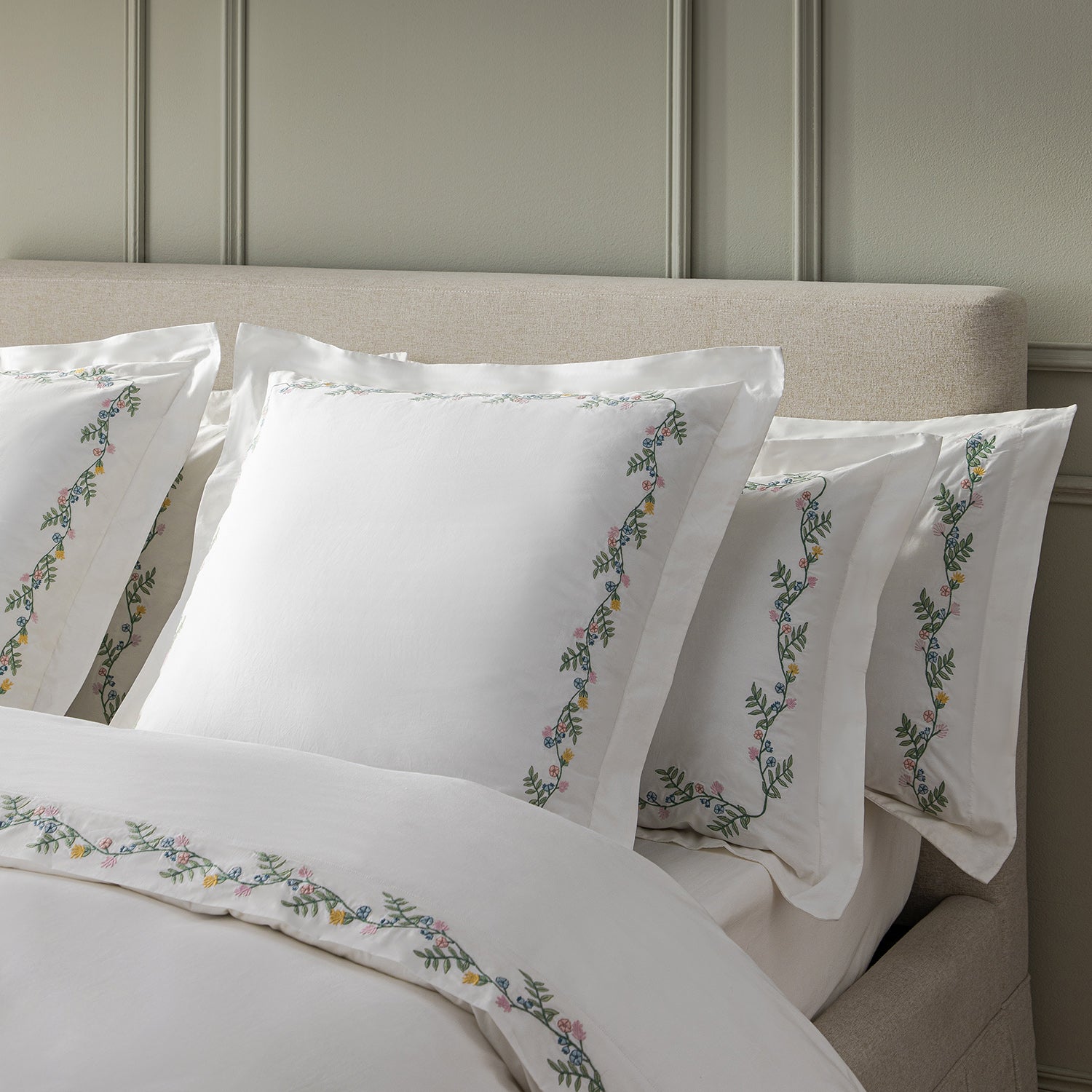 Meadow White Floral Embroidered 300 Thread Count Cotton Percale Continental Square Pillowcases - Pair
