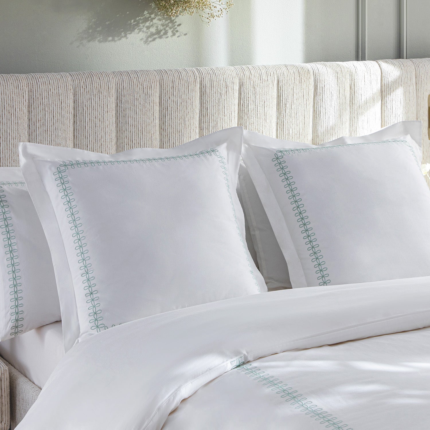 Milano Sea Spray Green Knot Embroidered 600 Thread Count Cotton Sateen Continental Square Pillowcases - Pair