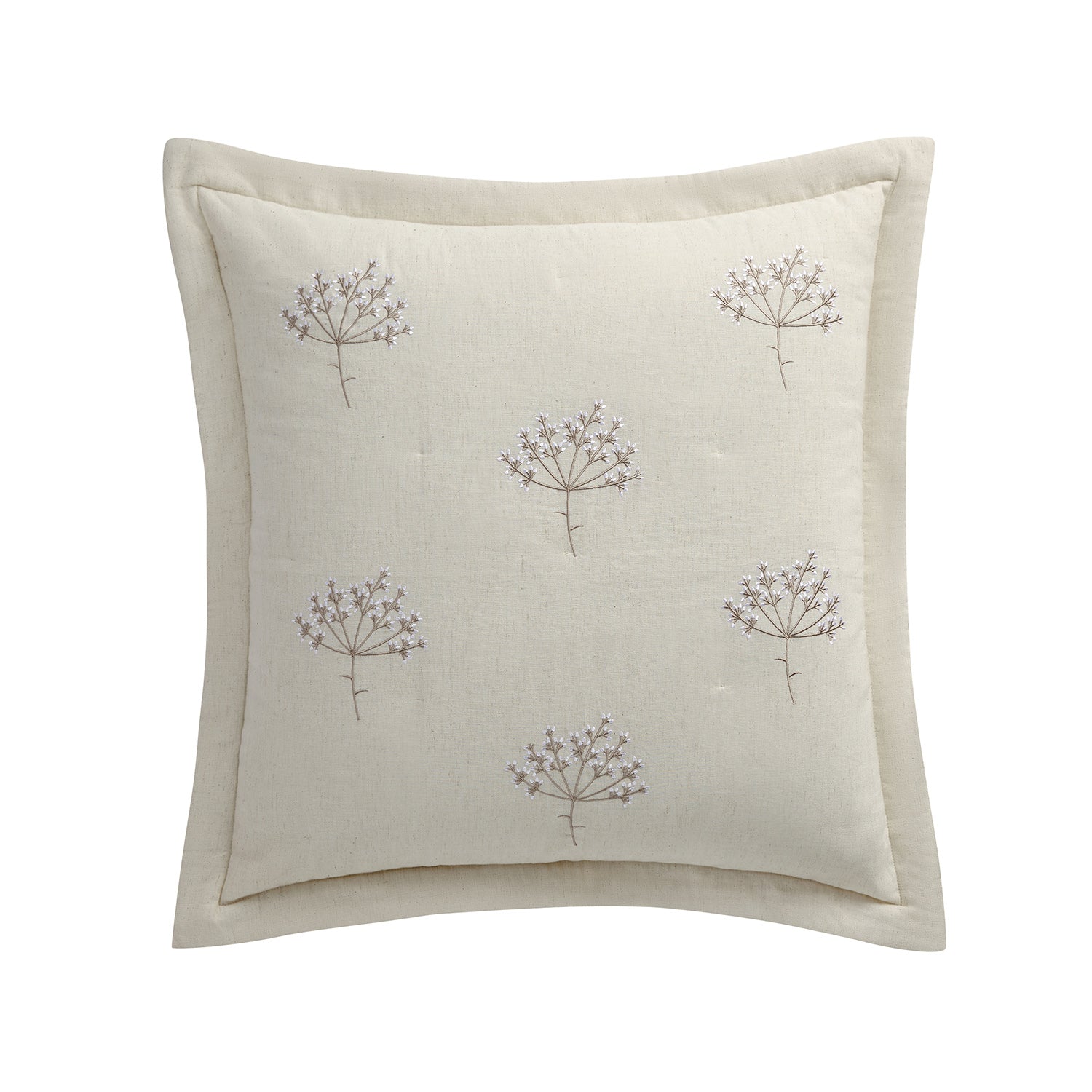 Meadow Cream Sprig Embroidered Quilted Linen Blend Continental Square Pillowcases - Pair