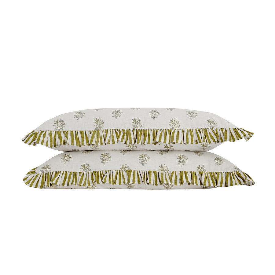 Darcy Floral Olive Green Ruffle Linen Blend Pillowcases - Pair