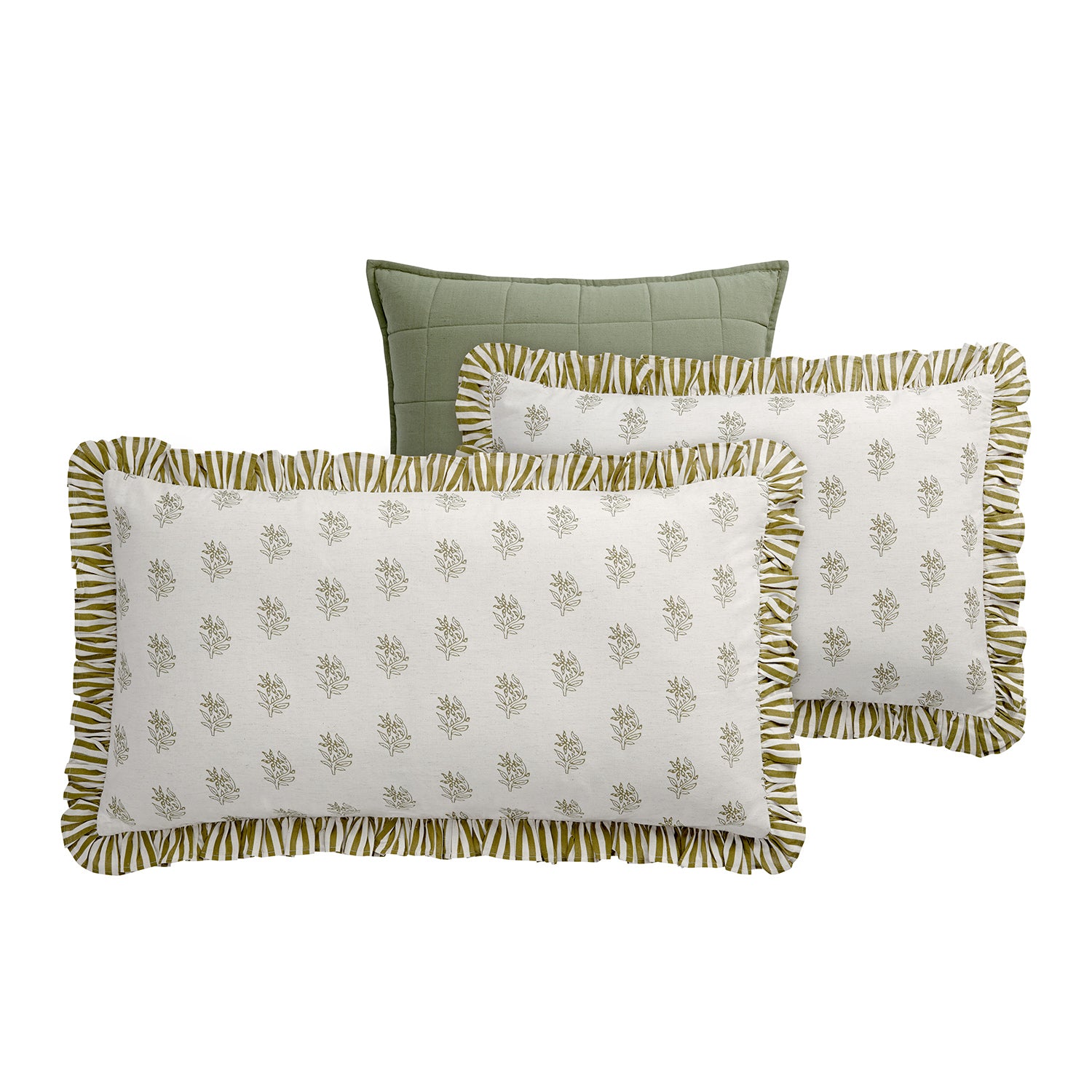 Darcy Floral Olive Green Ruffle Linen Blend Pillowcases - Pair