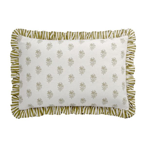 Darcy Floral Olive Green Ruffle Linen Blend Pillowcases - Pair - daals