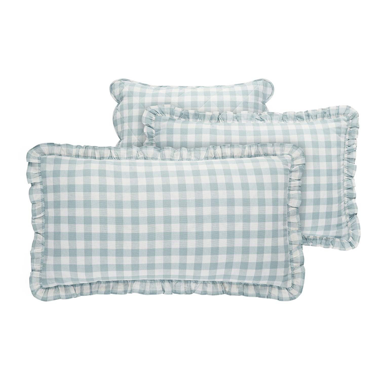 Matilda Blue Gingham Ruffle Linen Blend Pillowcases - Pair