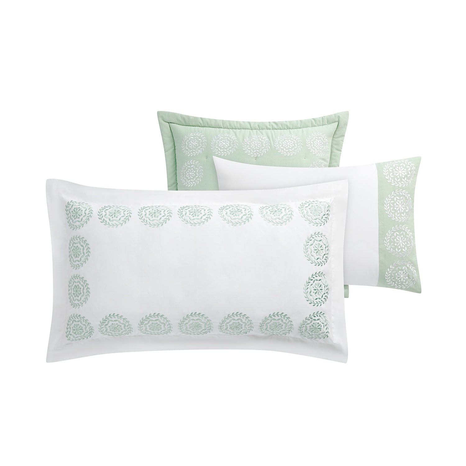 Elodie White & Seafoam Green Floral Embroidered 300 Thread Count Cotton Percale Regular Pillowcases - Pair