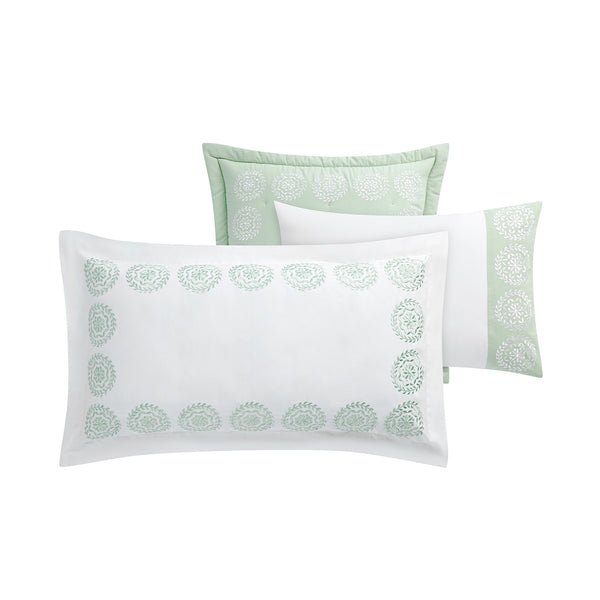 Elodie White & Seafoam Green Floral Embroidered 300 Thread Count Cotton Percale Regular Pillowcases - Pair