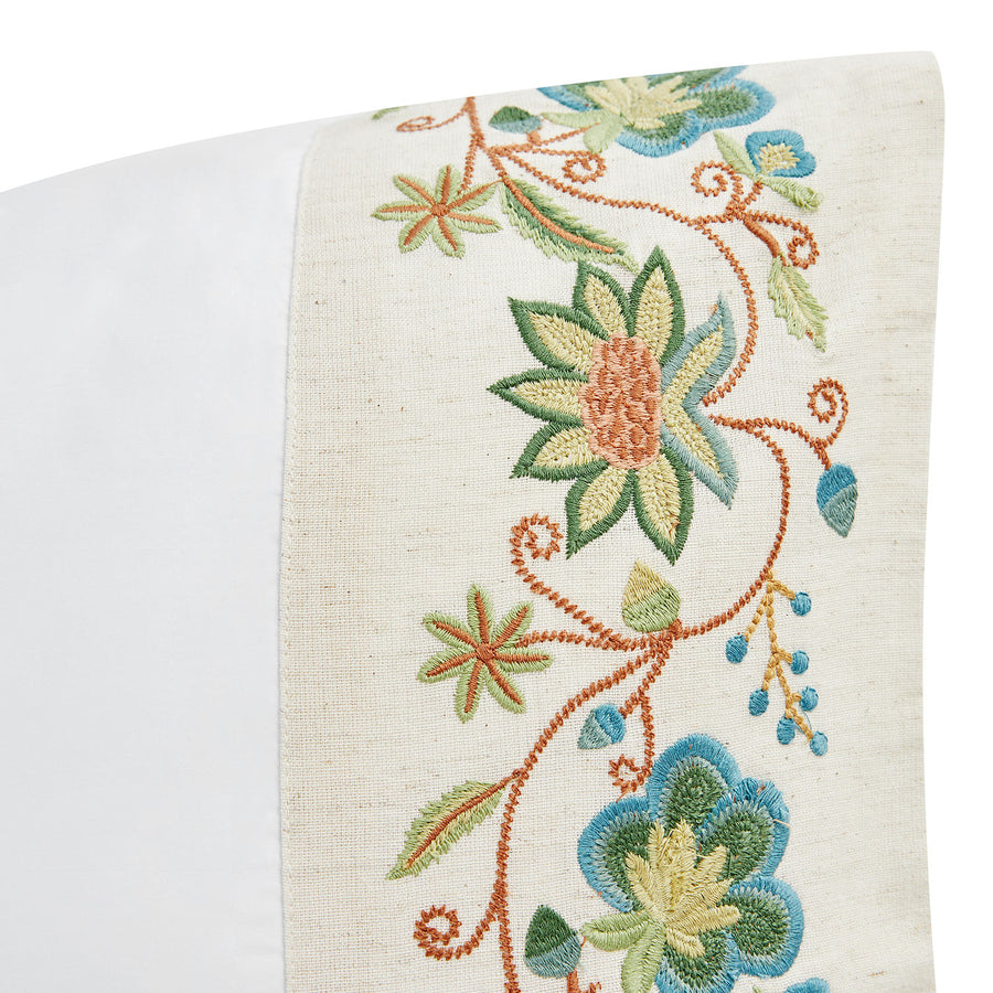 Flora & Fauna White Jacobean Floral Embroidered 300 Thread Count Cotton Percale Regular Pillowcases - Pair