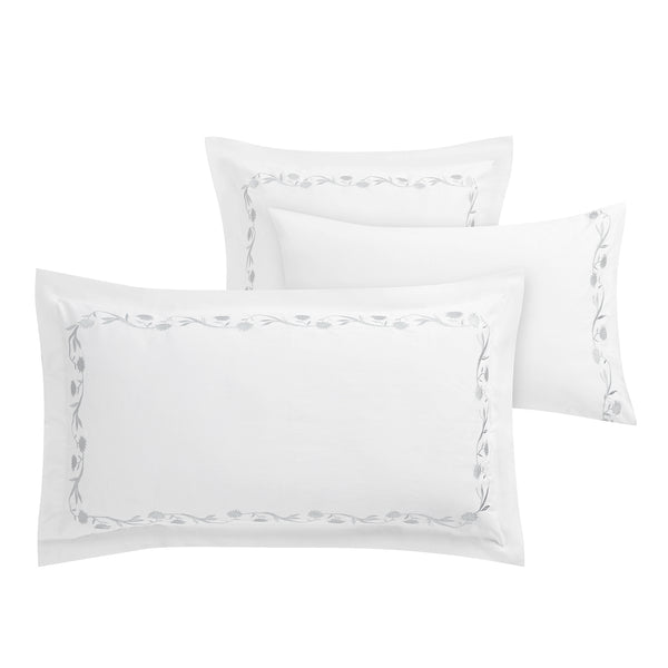 Adeline Moonshine Grey Floral Embroidered 600 Thread Count Cotton Sateen King Size Oxford Pillowcases - Pair