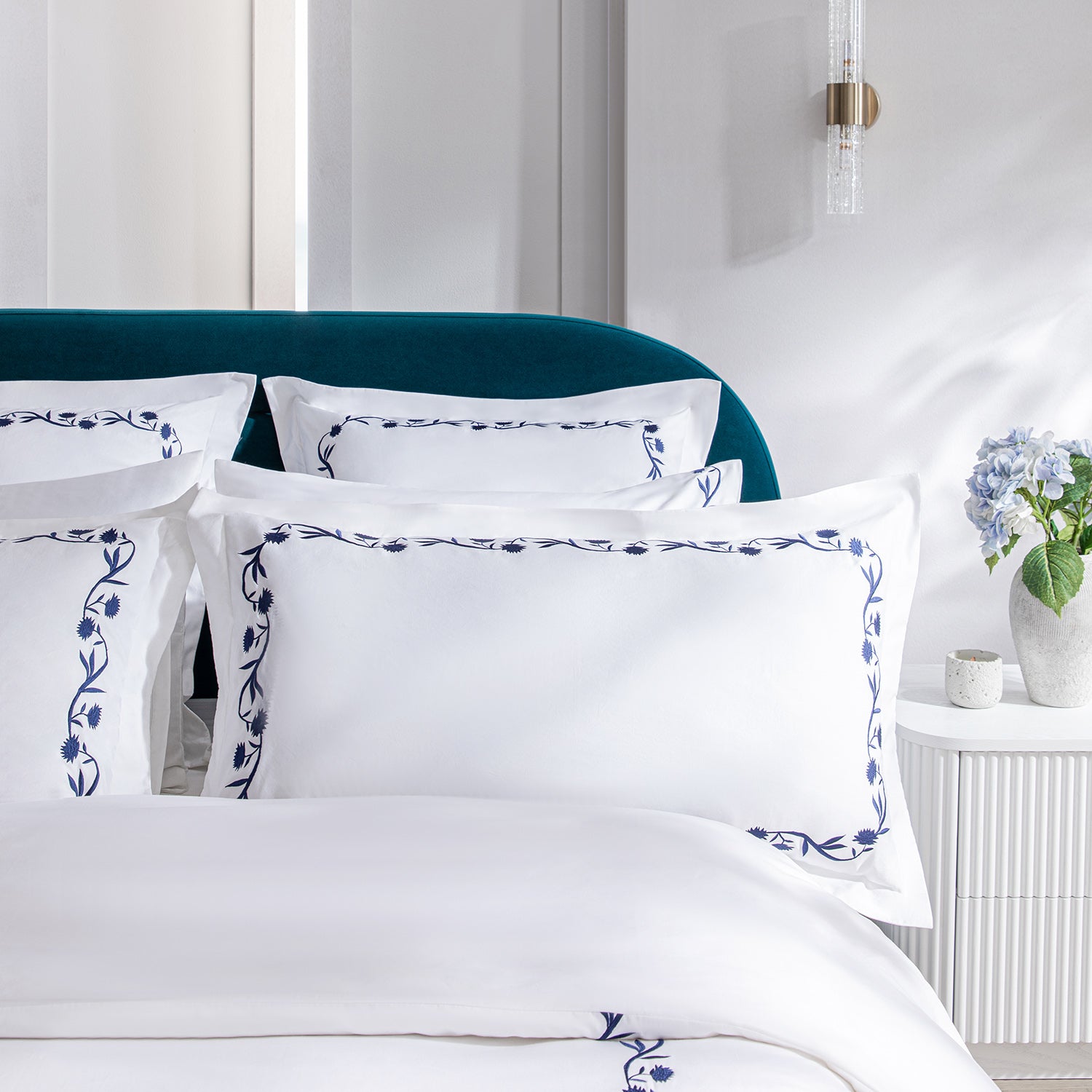 Adeline Midnight Blue Floral Embroidered 600 Thread Count Cotton Sateen King Size Oxford Pillowcases - Pair