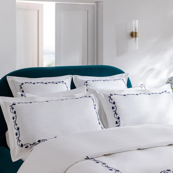 Adeline Midnight Blue Floral Embroidered 600 Thread Count Cotton Sateen King Size Oxford Pillowcases - Pair