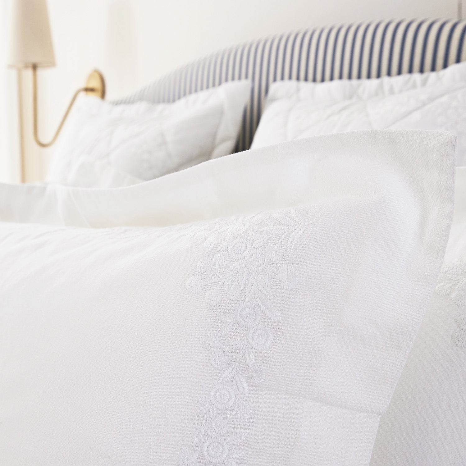 Esmeralda White Floral Embroidered Linen Blend King Size Oxford Pillowcases - Pair