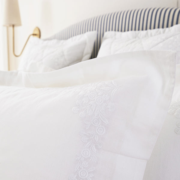 Esmeralda White Floral Embroidered Linen Blend King Size Oxford Pillowcases - Pair