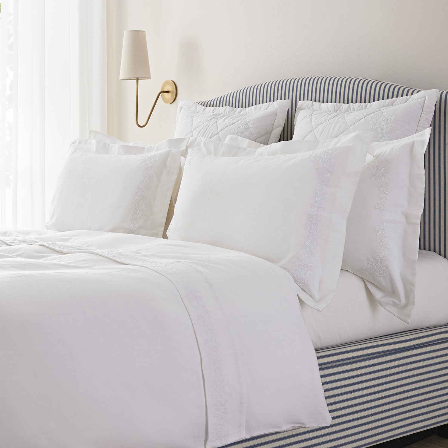 Esmeralda White Floral Embroidered Linen Blend King Size Oxford Pillowcases - Pair
