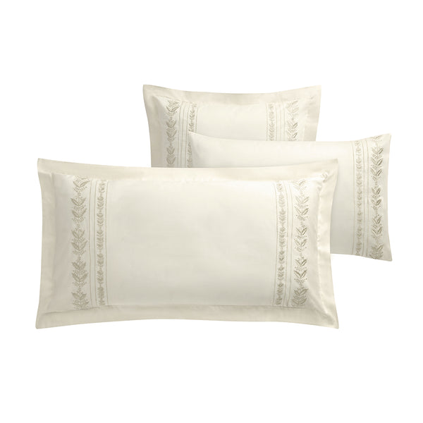 Gabrielle Ivory Leaf Embroidered 600 Thread Count Cotton Sateen King Size Oxford Pillowcases - Pair - daals