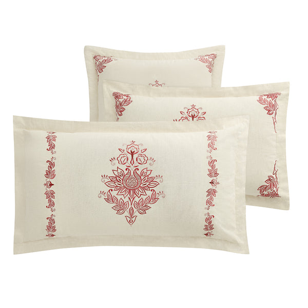 Isadora Garnet Red Damask Embroidered Linen Blend King Size Oxford Pillowcases - Pair