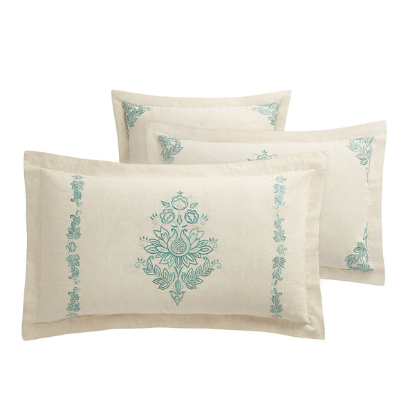 Isadora Teal Damask Embroidered Linen Blend King Size Oxford Pillowcases - Pair