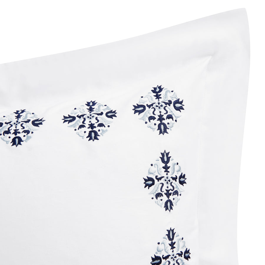 Kingsbury Navy & Powder Blue Heritage Embroidered 600 Thread Count Cotton Sateen Continental Square Pillowcases - Pair