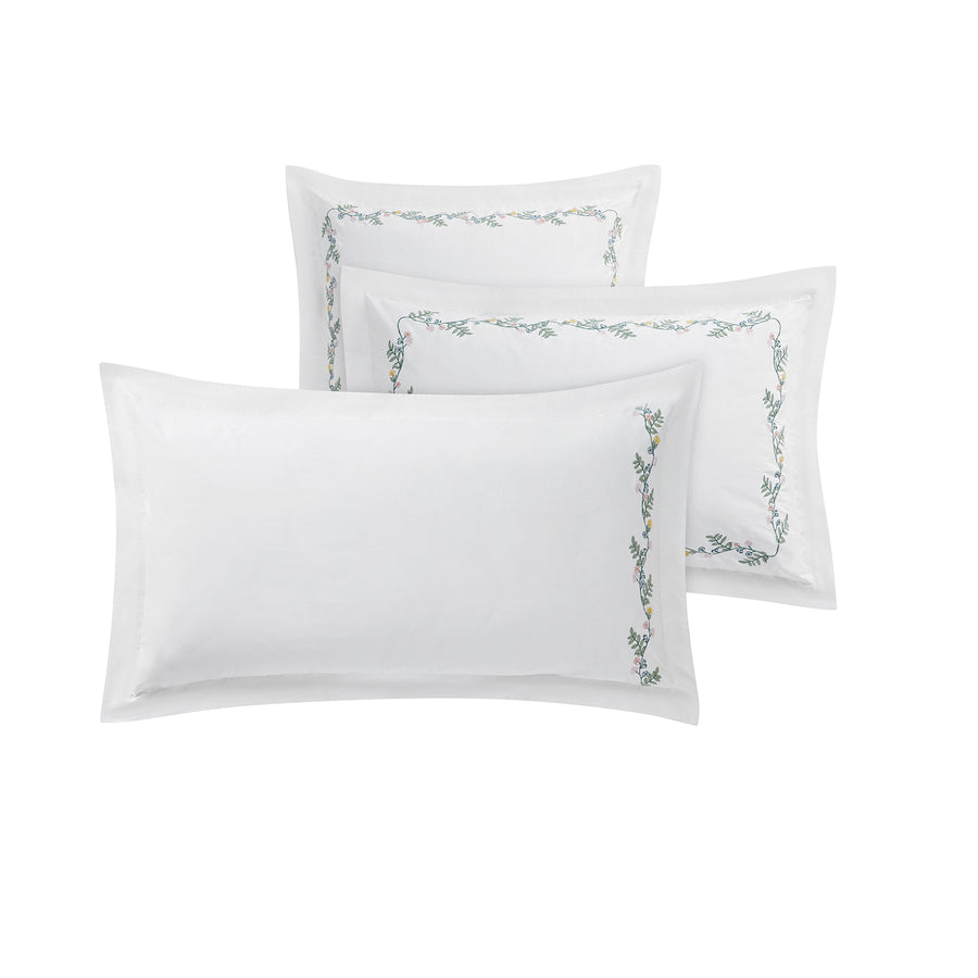 Meadow White Floral Embroidered 300 Thread Count Cotton Percale King Size Oxford Pillowcases - Pair