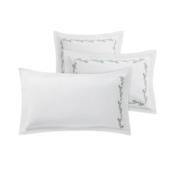 Meadow White Floral Embroidered 300 Thread Count Cotton Percale King Size Oxford Pillowcases - Pair