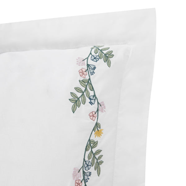 Meadow White Floral Embroidered 300 Thread Count Cotton Percale King Size Oxford Pillowcases - Pair