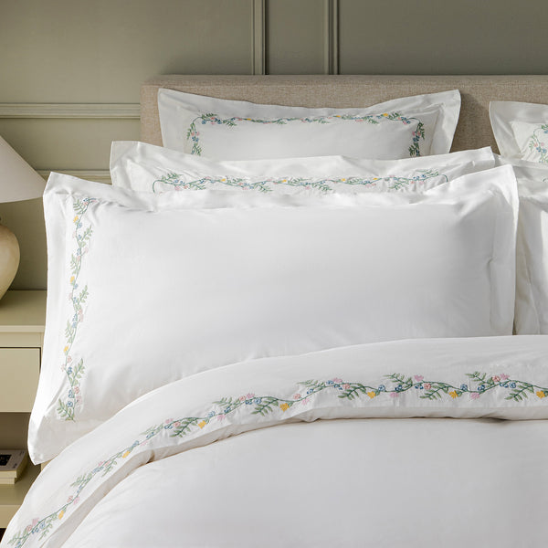 Meadow White Floral Embroidered 300 Thread Count Cotton Percale King Size Oxford Pillowcases - Pair