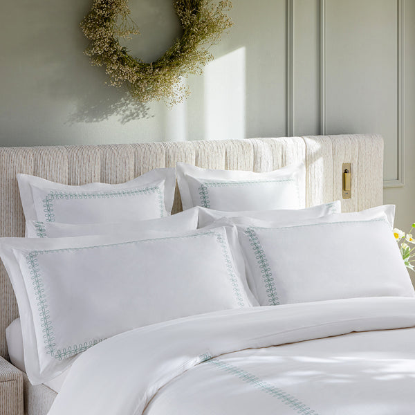 Milano Sea Spray Green Knot Embroidered 600 Thread Count Cotton Sateen King Size Oxford Pillowcases - Pair - daals