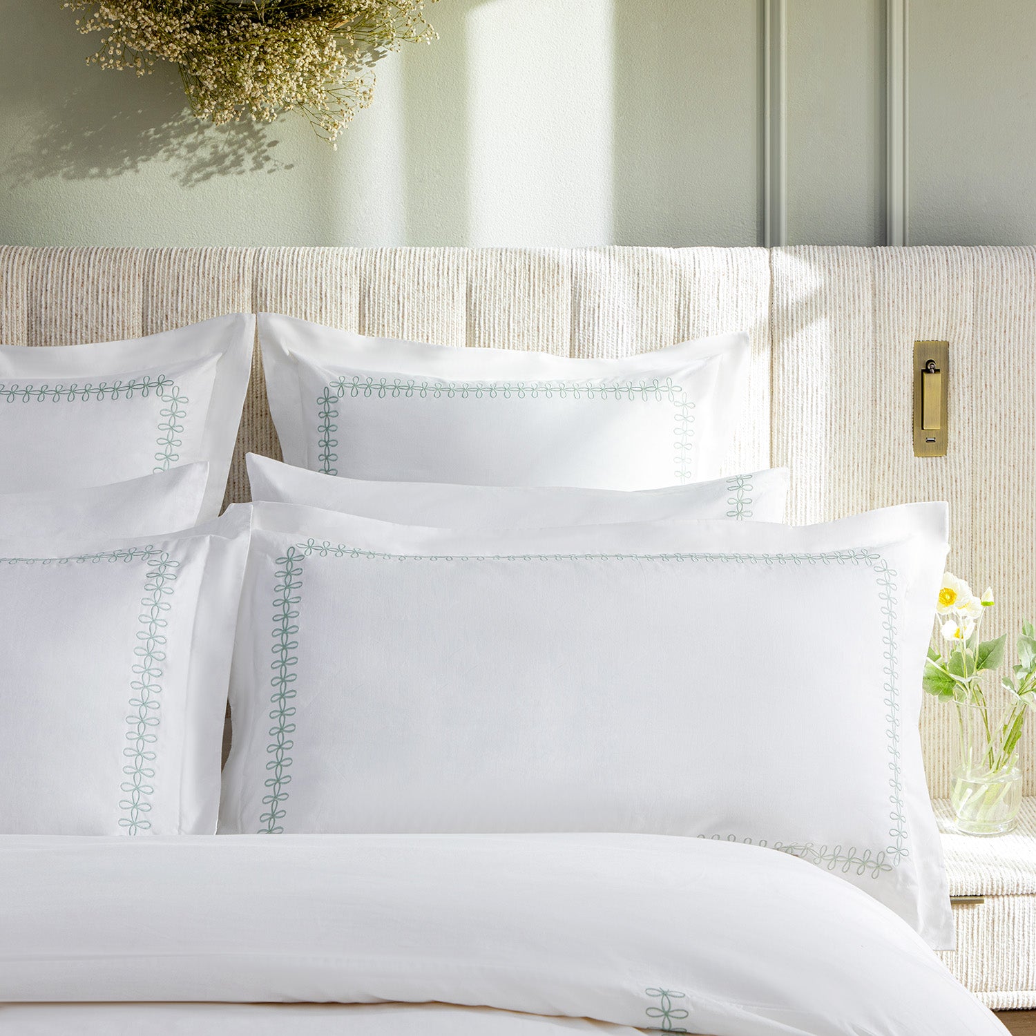 Milano Sea Spray Green Knot Embroidered 600 Thread Count Cotton Sateen King Size Oxford Pillowcases - Pair