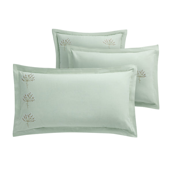 Meadow Seafoam Green Sprig Embroidered Linen Blend King Size Oxford Pillowcases - Pair - daals